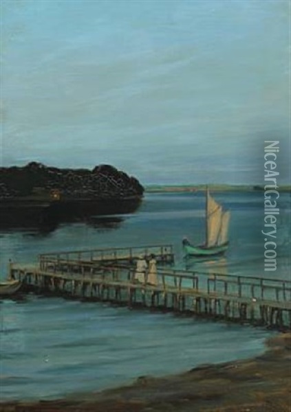 Evening Scenery By The Sea With Two Women On A Wooden Pier Oil Painting - Agnes Slott-Moller