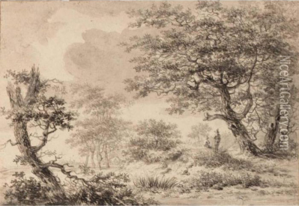 A Wooded Landscape With Figures Resting Under A Tree Oil Painting - Hermanus Van Brussel