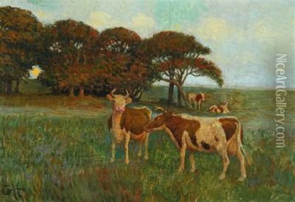 A Field With Cows And Sun Shining Through The Trees Oil Painting - Gerhard Heilmann