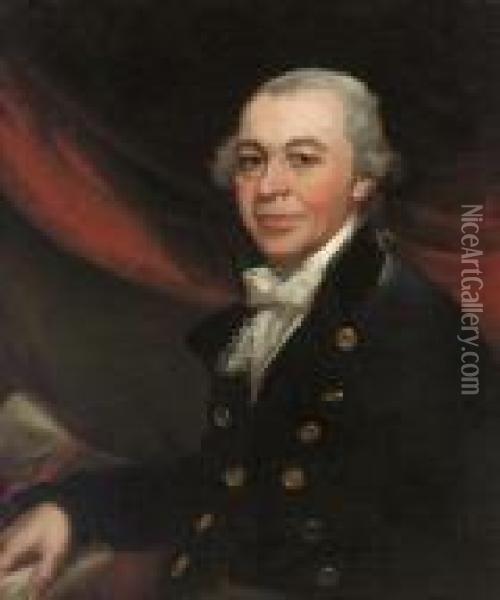 Portrait Of A Gentleman, 
Half-length, In A Navy Coat And White Cravat, Holding A Scroll In His 
Right Hand, A Red Curtain Beyond Oil Painting - Mather Brown