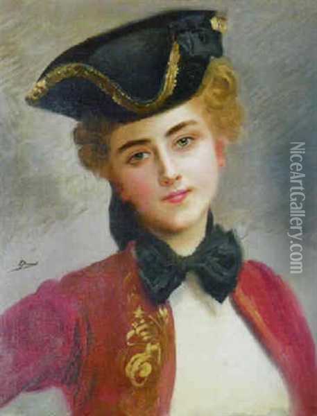 A Young Beauty In A Tricorn Hat Oil Painting - Gustave Jean Jacquet