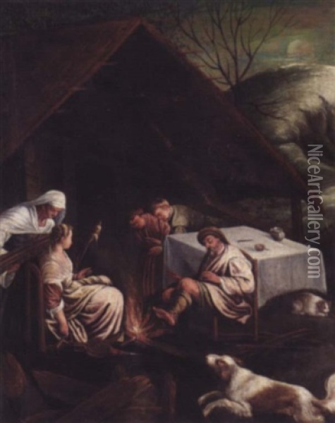 Figures Seated Beside A Fire Outside A Cottage Oil Painting - Francesco da Ponte Bassano
