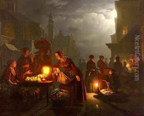 The Candlelit Market Oil Painting - Petrus van Schendel