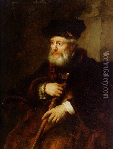 A Bearded Old Man, Seated Half-length, Holding A Cane Oil Painting -  Rembrandt van Rijn