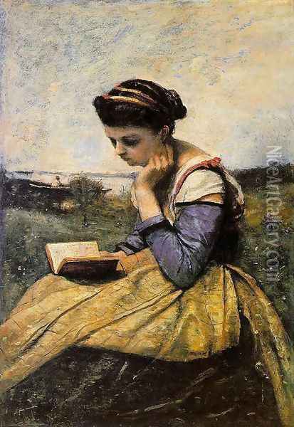Woman Reading in a Landscape Oil Painting - Jean-Baptiste-Camille Corot