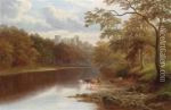 English Riverlandscape With View Of Barnard Castle Oil Painting - William Mellor