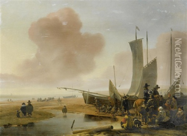 Horsemen On A Beach Buying Fish With Fishing Boats Beyond Oil Painting - Jacob Esselens