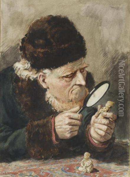 Portrait D'un Homme Assis Portant Un Chapeau Et Regardant Des Figurines A La Loupe Oil Painting - Adrien E. Marie