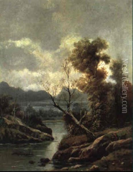 Paar In Herbstlicher Seenlandschaft Oil Painting - Carl Hasch