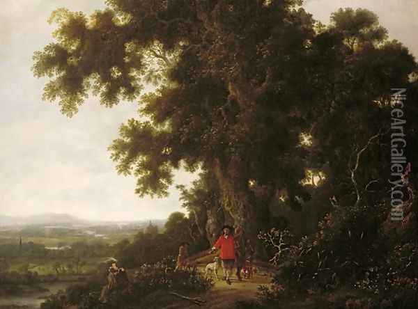 Landscape with Huntsmen and their Hounds Oil Painting - Joris van der Haagen or Hagen