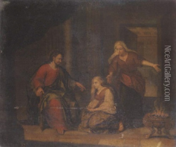Christ In A House Of Martha And Mary Oil Painting - Hendrik Heerschop