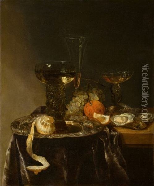 Still Life With Glasses, Citrus Fruits And Oysters Oil Painting - Abraham van Beyeren