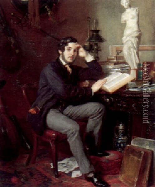 Portrait Of A Young Man In His Study Oil Painting - Wilhelm Trautschold