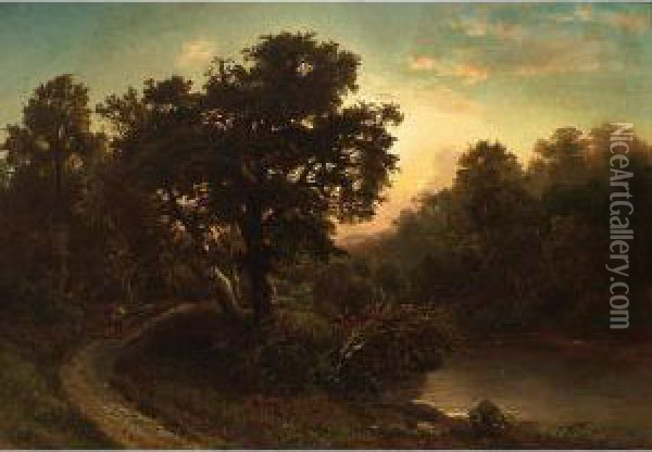 A Traveller In A Wooded Landscape Oil Painting - August Weber