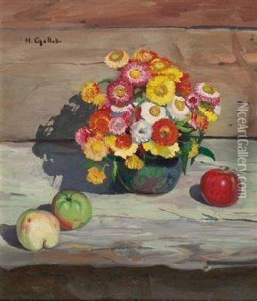 Stillleben Mit Spatsommerblumen Und Apfeln Oil Painting - Heinrich Gollob