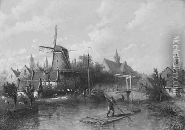 A canal in a town Oil Painting - Adrianus Petrus Hendrikus Wilbers