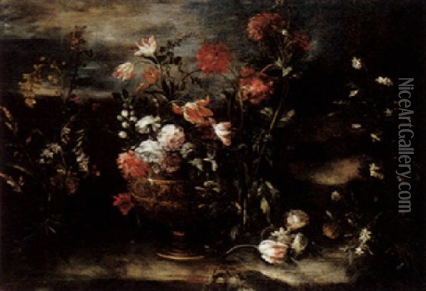 A Still Life Of Various Flowers In An Ormolu Vase, In A Landscape With Other Plants Oil Painting - Margherita Caffi