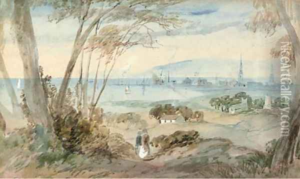 A distant view of Ayr; and Fishermen on the beach Oil Painting - English School