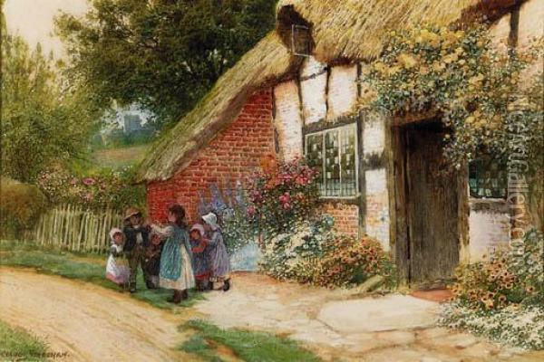 Children Playing Outside A Cottage Oil Painting - Arthur Claude Strachan