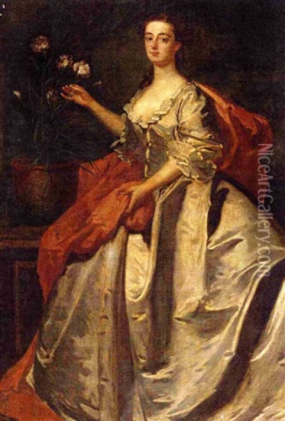 Portrait Of Mary, Wife Of Edward Howard, 9th Duke Of Norfolk, In A Pale Blue Dress And Red Wrap, By An Urn Of Carnations Oil Painting - James Latham