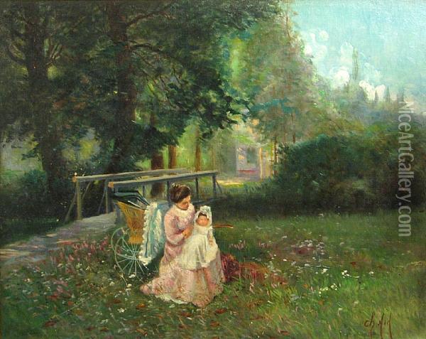 Mere Et Son Enfant Dans Un Parc Oil Painting - George Charles Aid