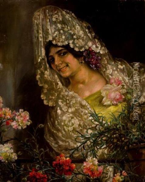 Mujer Con Mantilla En El Balcon Oil Painting - Manuel De La Rosa