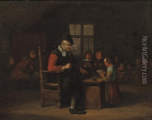 Three Children Singing In A Classroom Oil Painting - Egbert van Heemskerck the Elder