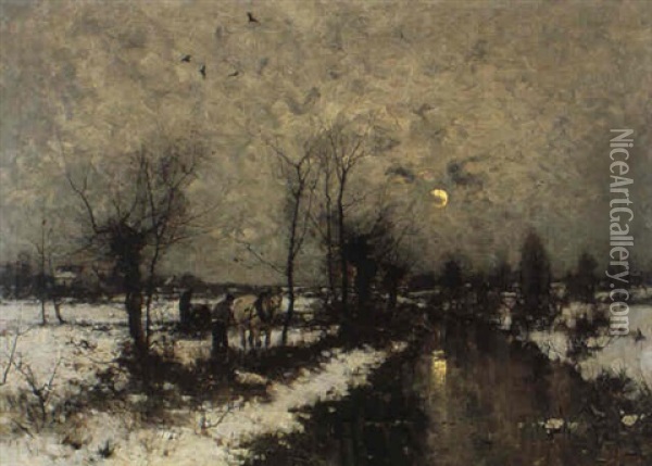 Winterlandschaft Mit Weidengesaumtem Fluschen Im Mondlicht Oil Painting - Ludwig Munthe