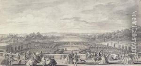 Vue De L'orangerie De 
Versailles, Prise De La Balustrade Au Bord De La Terrasse Du Chateau Oil Painting - Jacques Rigaud