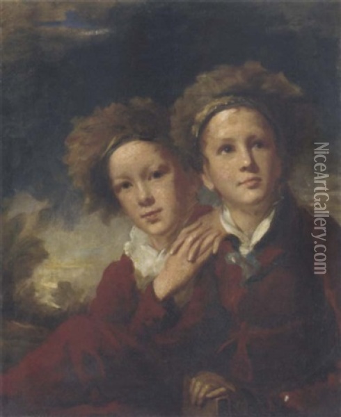 Double Portrait Of Two Boys Seated In Red Suits In A Landscape Oil Painting - Sir Henry Raeburn