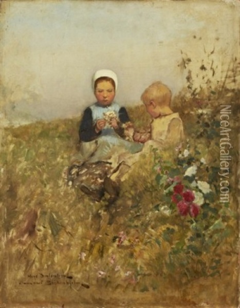 Tva Barn Pa Blomsterang Oil Painting - Hugo Salmson