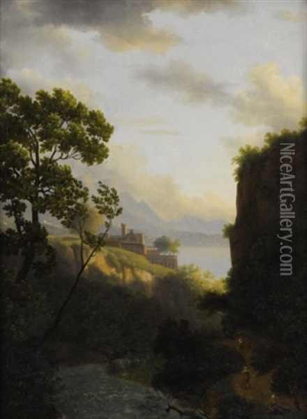 View Toward A Fortress And Mountain Lake Oil Painting - Alexandre Hyacinthe Dunouy