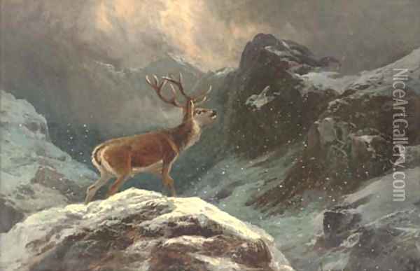 A stag in a highland winter landscape Oil Painting - Clarence Roe