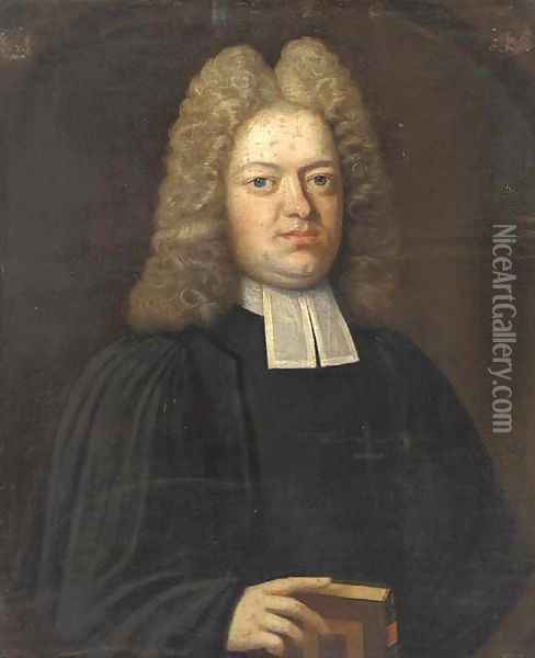 Portrait of a cleric, bust-length, in black robes, resting his right hand on a bible Oil Painting - English School