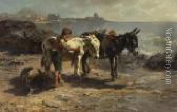 Esel Am Strande. Oil Painting - Anton Braith