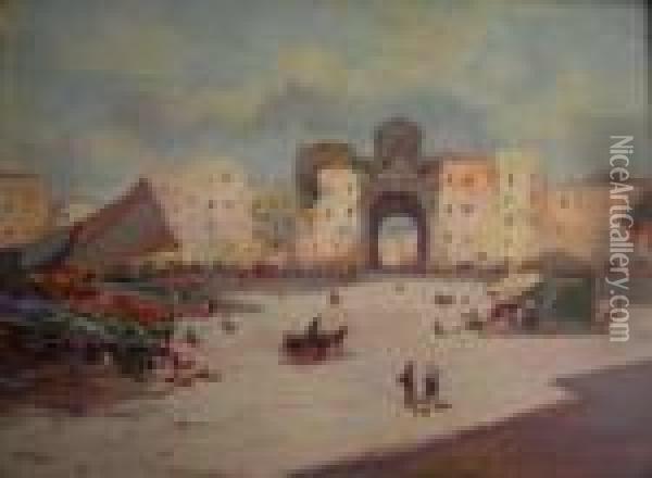 Porta Capuana A Napoli Con Personaggi E Mercato Oil Painting - Oscar Ricciardi