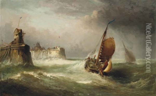 A Lugger In A Strong Breeze Off The Entrance To The Harbour At Calais Oil Painting - John Moore Of Ipswich