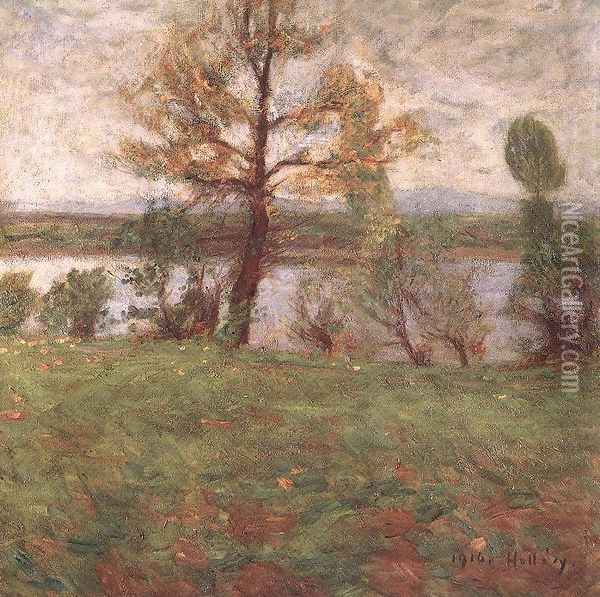 Springtime Mood Bank of the River Tisza 1916 Oil Painting - Simon Hollosy