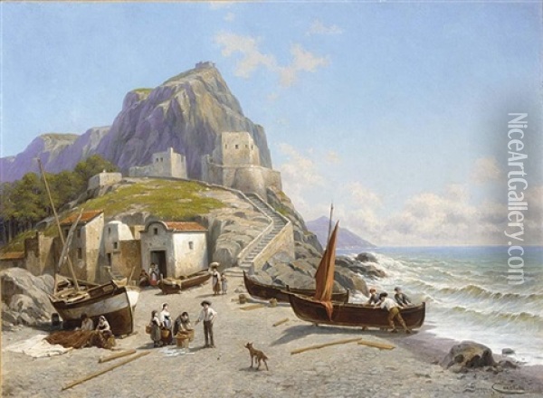 A Coastal View, Capri, Italy Oil Painting - Jacques Francois Carabain