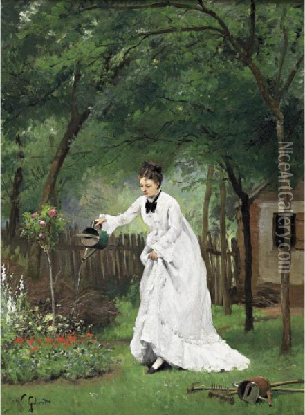 Madame Gilbert Watering Flowers Oil Painting - Victor-Gabriel Gilbert