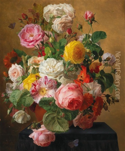 Still Life With Roses In A Vase Oil Painting - E. Agathe Pilon