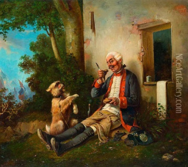 Brotzeit Machender Soldat Wahrend Einer Gefechtspause Mit Einem Bettelnden Hund Oil Painting - Carl Rechlin