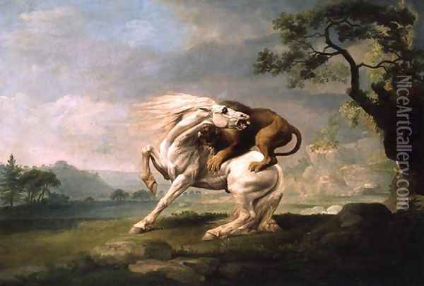 A Lion Attacking A Horse, c.1765 Oil Painting - George Stubbs