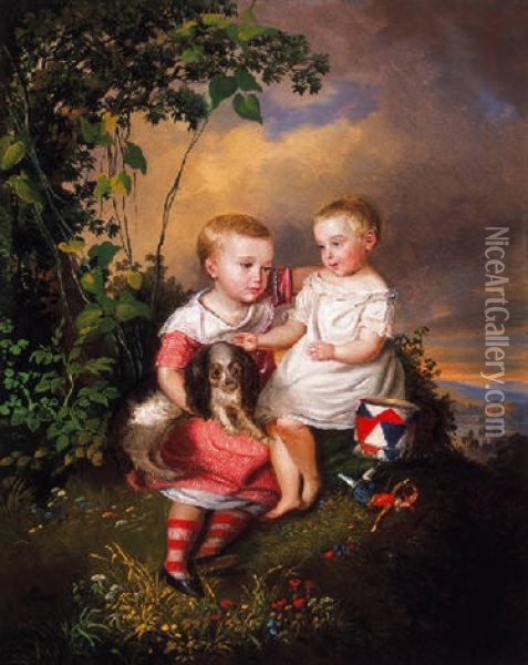 Gyermekek Kiskutyaval (children With A Puppy) Oil Painting - Karoly Sterio
