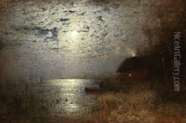 Fischerhutte Im Mondlicht Oil Painting - Louis Douzette