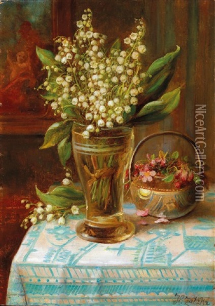 Lilies Of The Valley In A Glass Oil Painting - Hans Zatzka