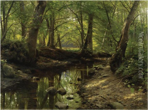 Skovbillede (stream Through The Woods) Oil Painting - Peder Mork Monsted