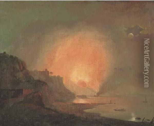View Of Mount Vesuvius Erupting By Moonlight Oil Painting - Josepf Wright Of Derby