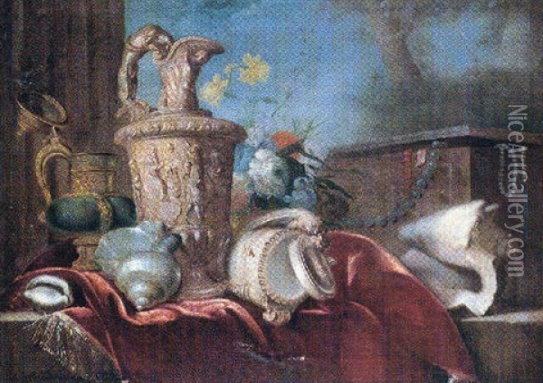 Still Life Of Silver Ewers, A Parcel Gilt Cup And Cover, Together With Shells, Flower And A Jewelry Box Upon A Partly Draped  Stone Ledge Oil Painting - Meiffren Conte