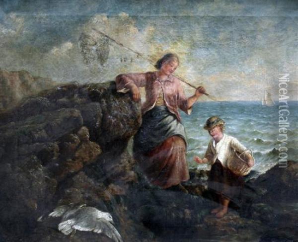 Shrimpers On The Rocks Oil Painting - George Holmes